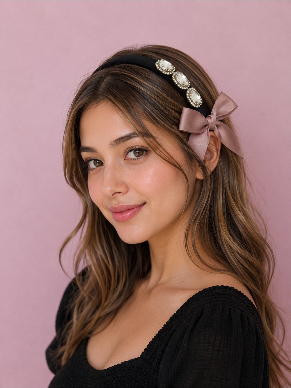 Embellished Black Velvet Headband with Mauve Bow